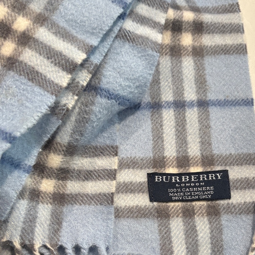 Burberry Light Blue and Gray Checkered Cashmere Scarf
